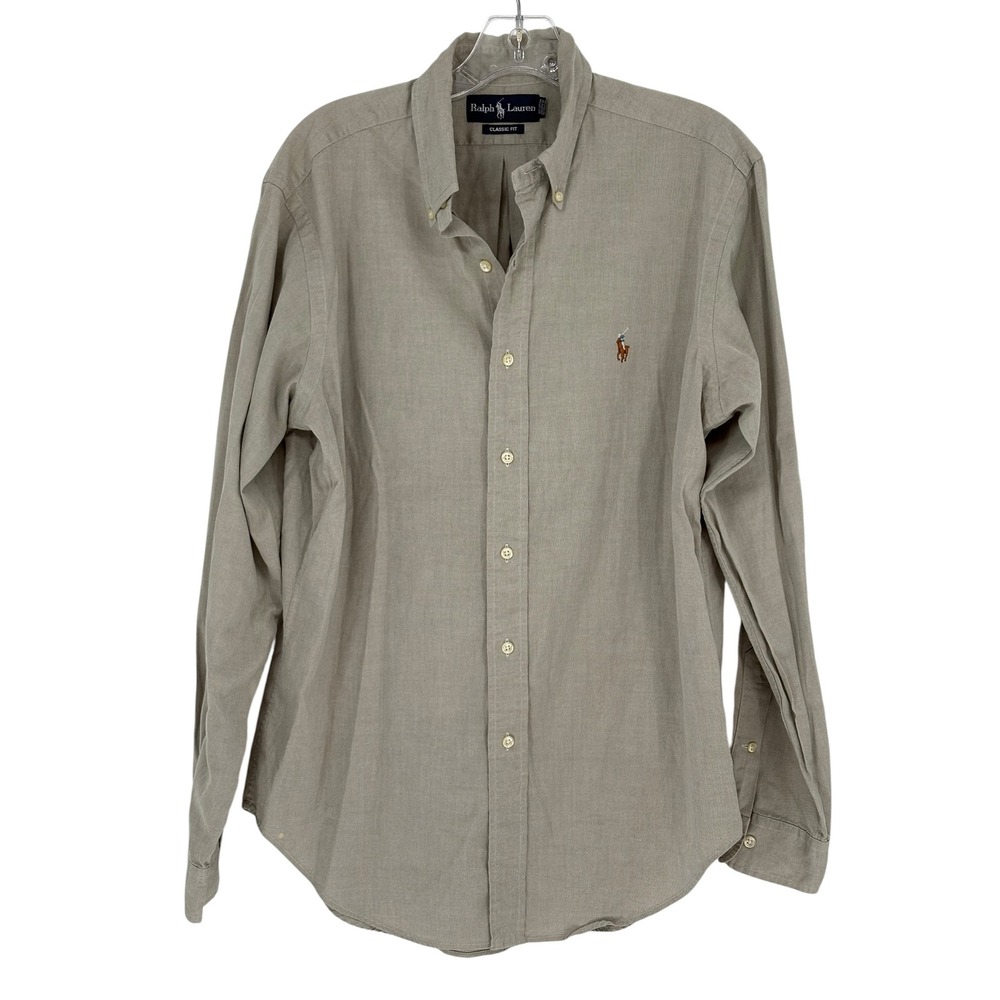 Ralph Lauren Button Down Shirt Beige 100% Cotton Classic Fit 15.5 34/35